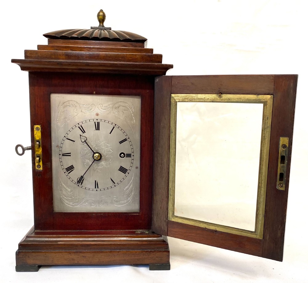 Antique Mahogany Single Fusee Four Glass Library Clock With A Shaped Top View III