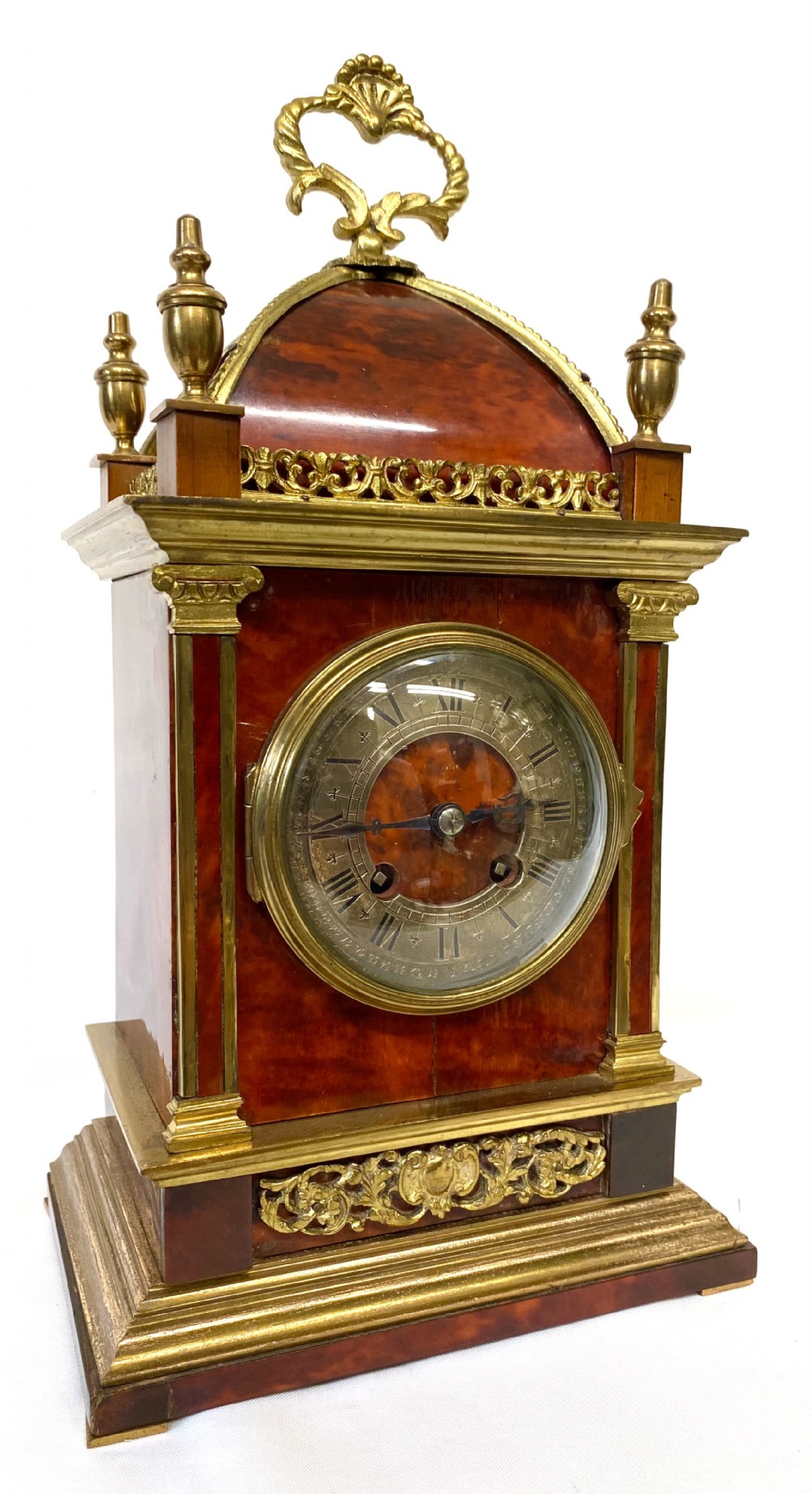 Antique French Red Veneered Mantel Clock With Gilt Brass Mounts