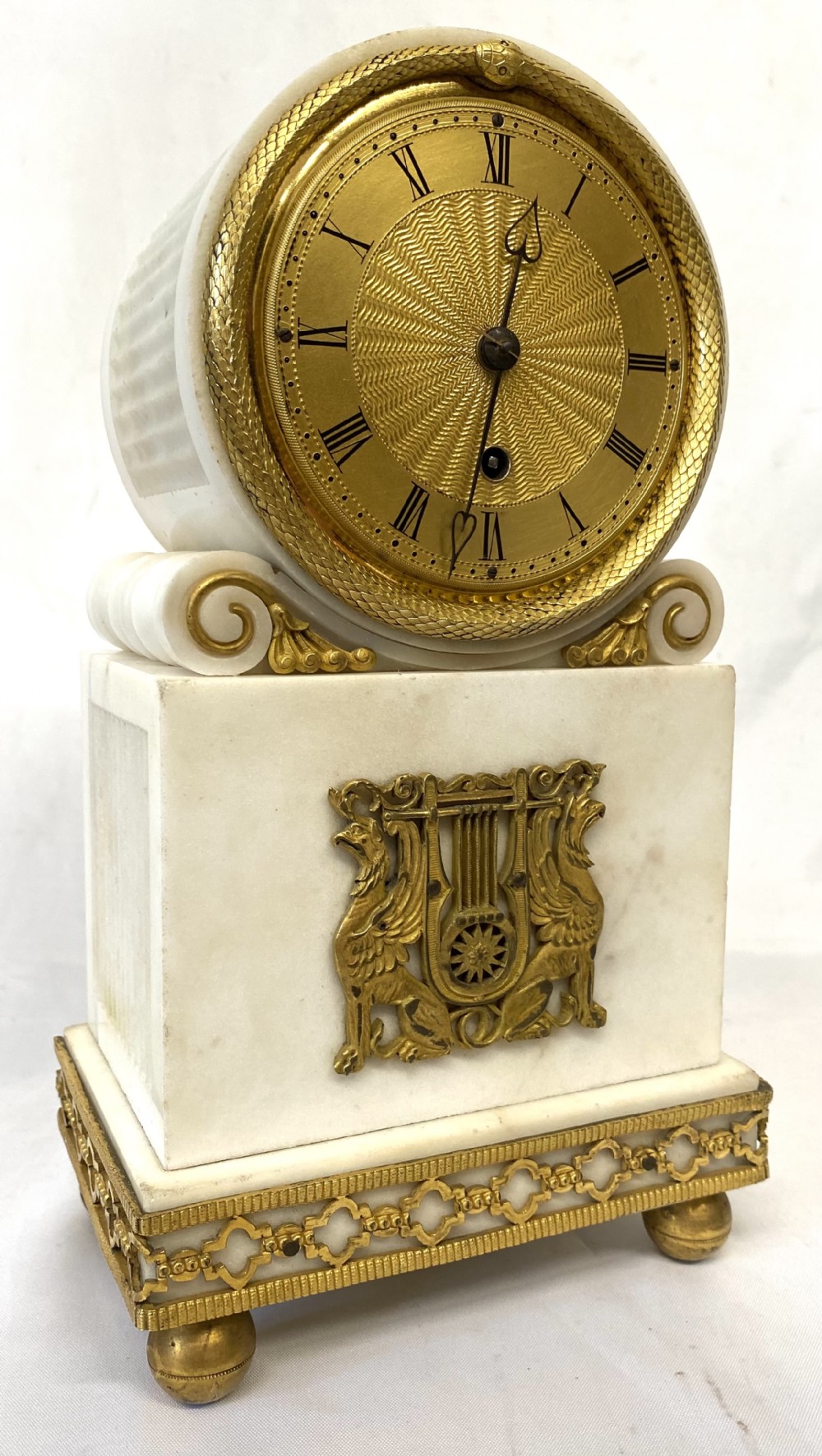 Antique Regency White Marble Single Fusee Mantel Clock By Nicoll Great Portland St London with Ormolu Mounts