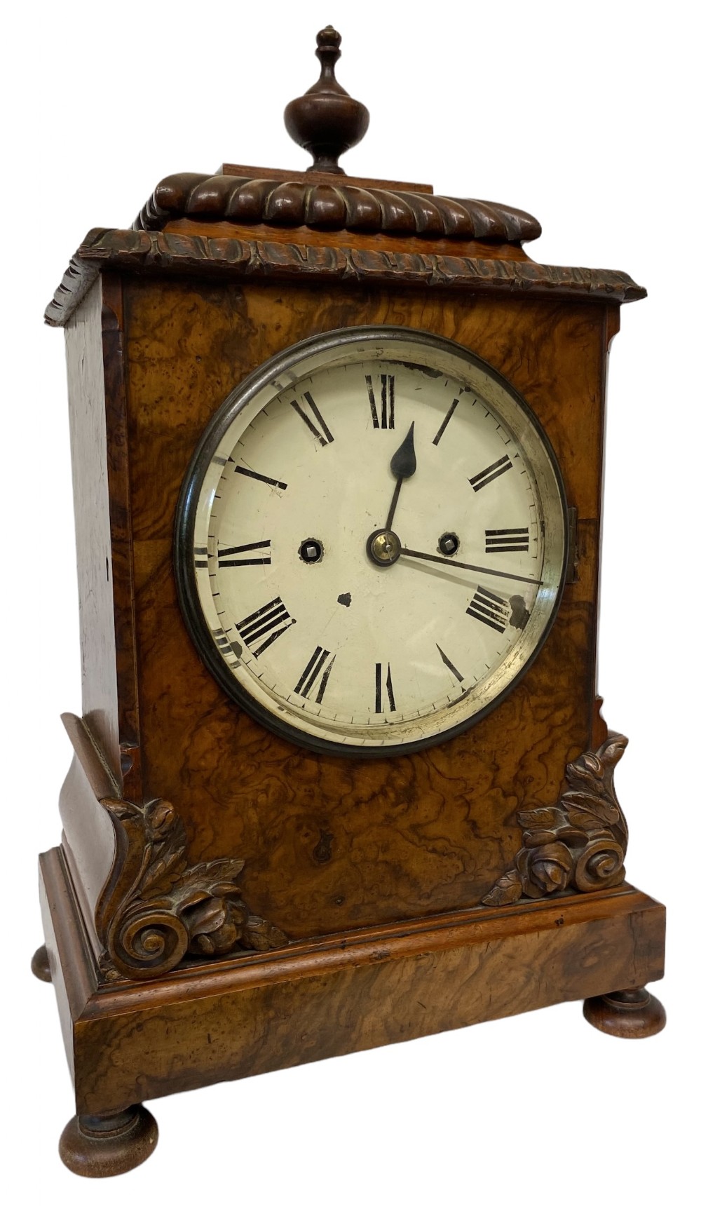 Antique Double Chain Fusee Walnut Mantel Clock With Floral Carvings