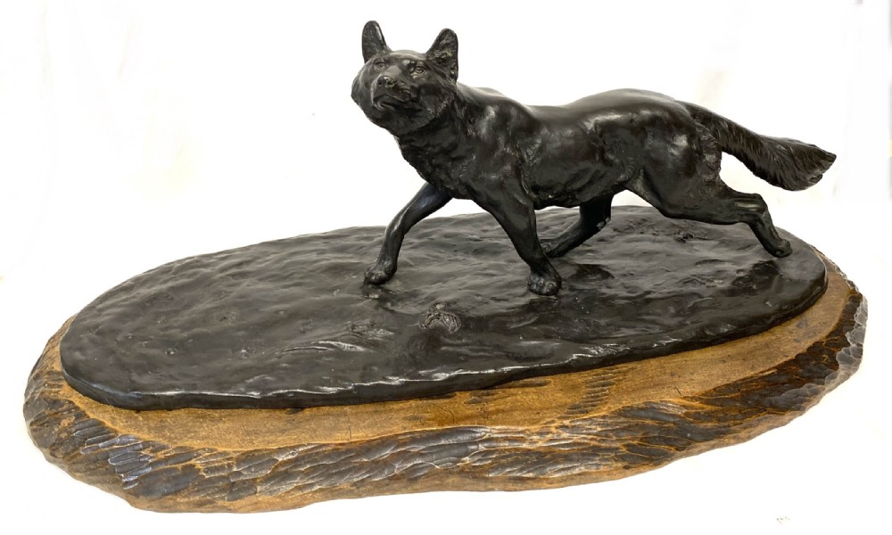 Antique Japanese Meiji Period Bronze Figure Of A Walking Fox On Wooden Base