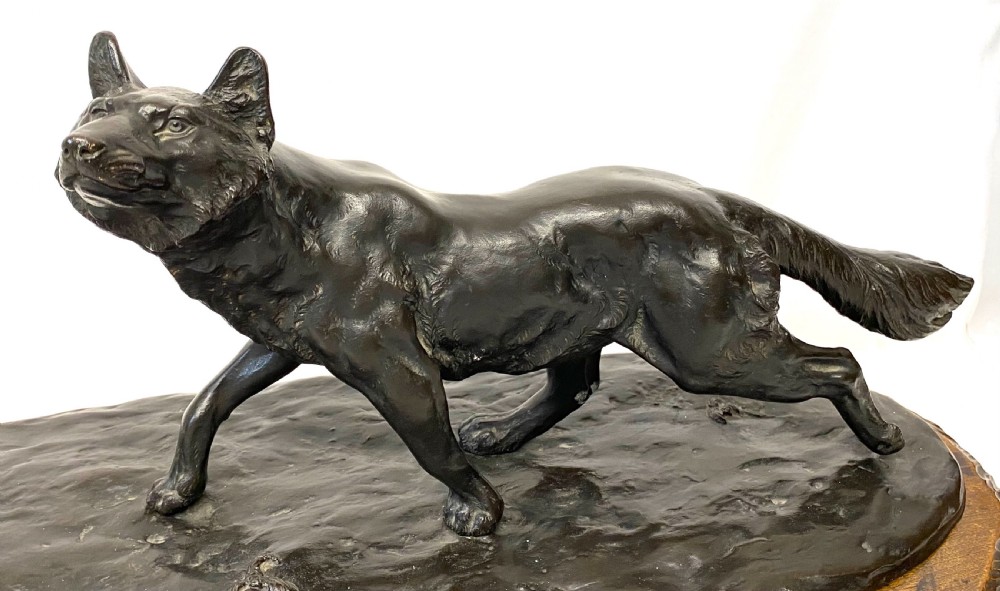 Antique Japanese Meiji Period Bronze Figure Of A Walking Fox On Wooden Base View III