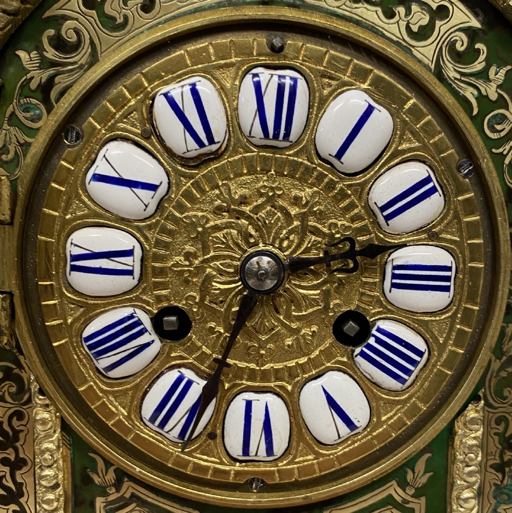 Lovely Antique French Ormolu Mounted Green Boulle Clock With Enamel Numerals View IV