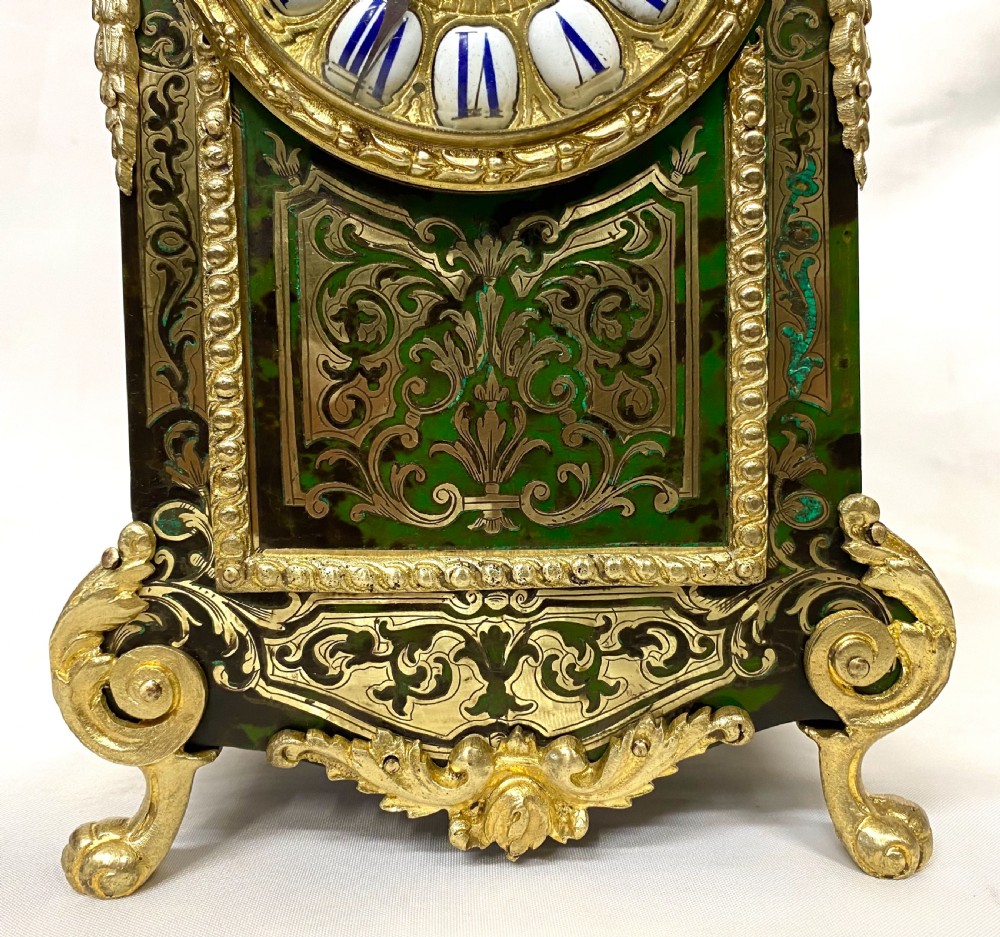 Lovely Antique French Ormolu Mounted Green Boulle Clock With Enamel Numerals View VI