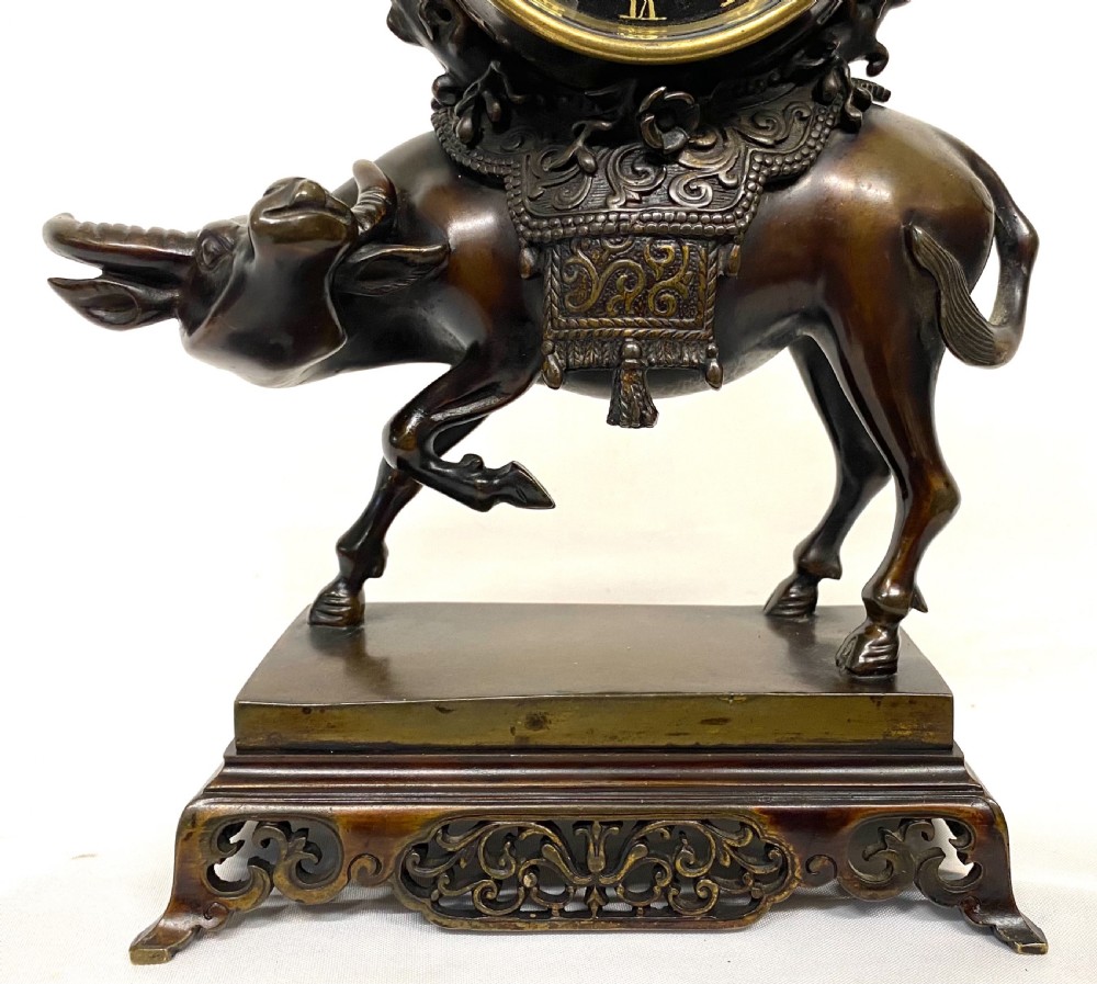 Antique Japanese Bronze Figural Mantel Clock Featuring A Water Buffalo Working View V