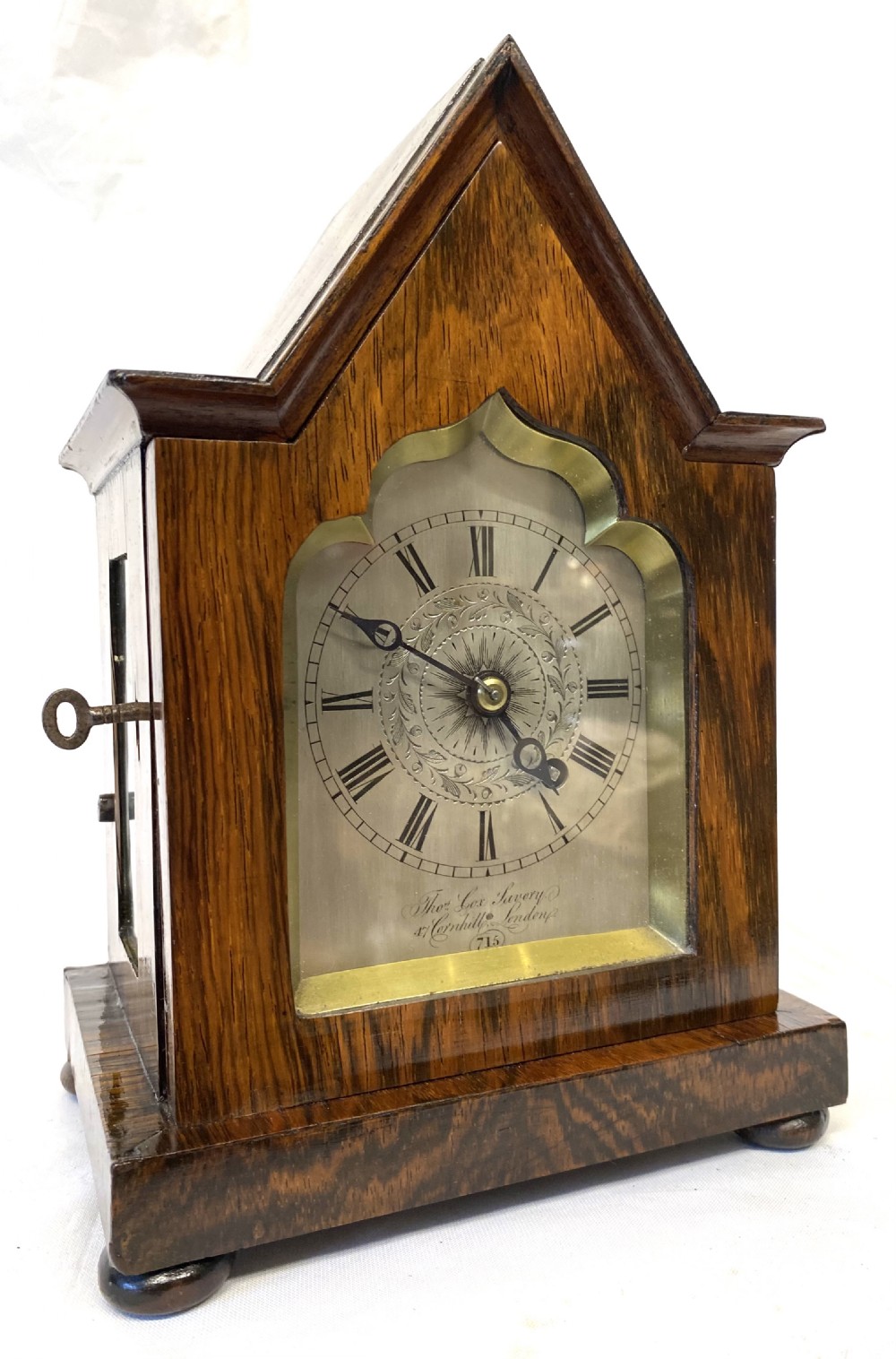 Antique Rosewood Single Fusee Mantel Clock With Gothic Case By Thomas Cox London