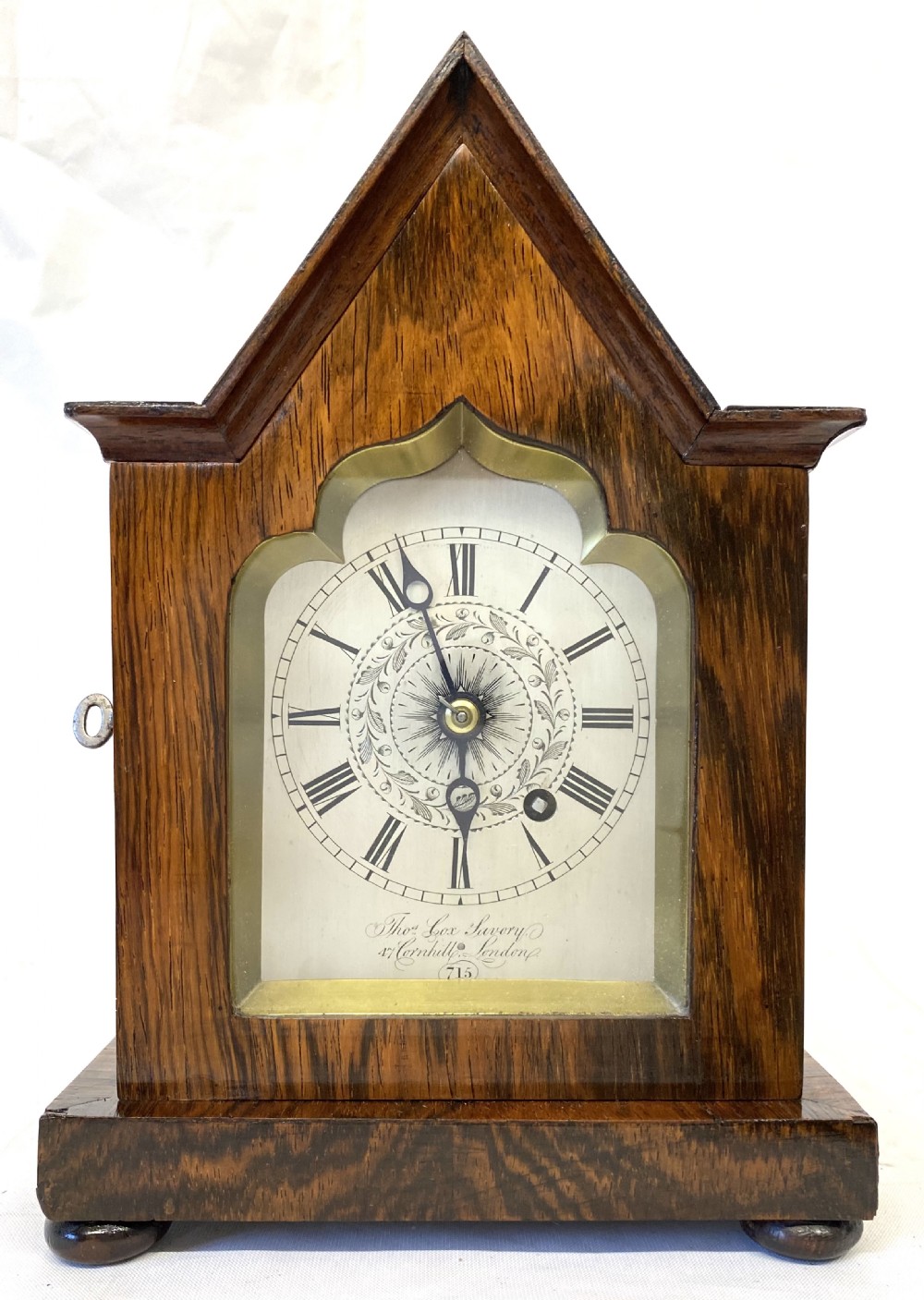 Antique Rosewood Single Fusee Mantel Clock With Gothic Case By Thomas Cox London View III