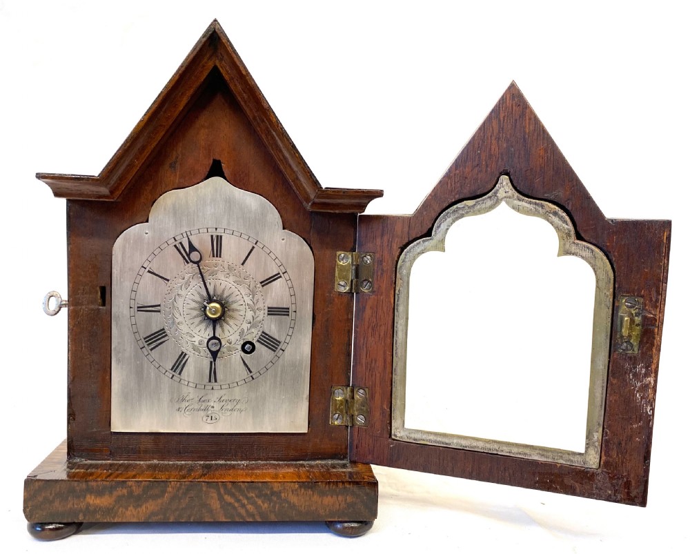 Antique Rosewood Single Fusee Mantel Clock With Gothic Case By Thomas Cox London View IV