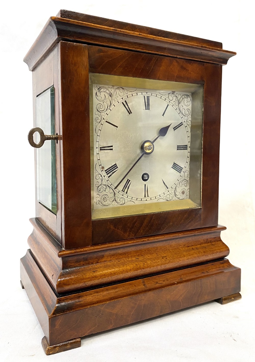 Antique Single Fusee Mahogany Library Clock With Bevelled Glass Panels