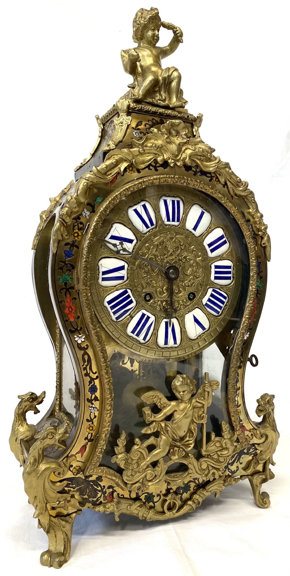 Large Antique French Boulle Clock Inlaid With Semi Precious Stone and Ormolu Mounts
