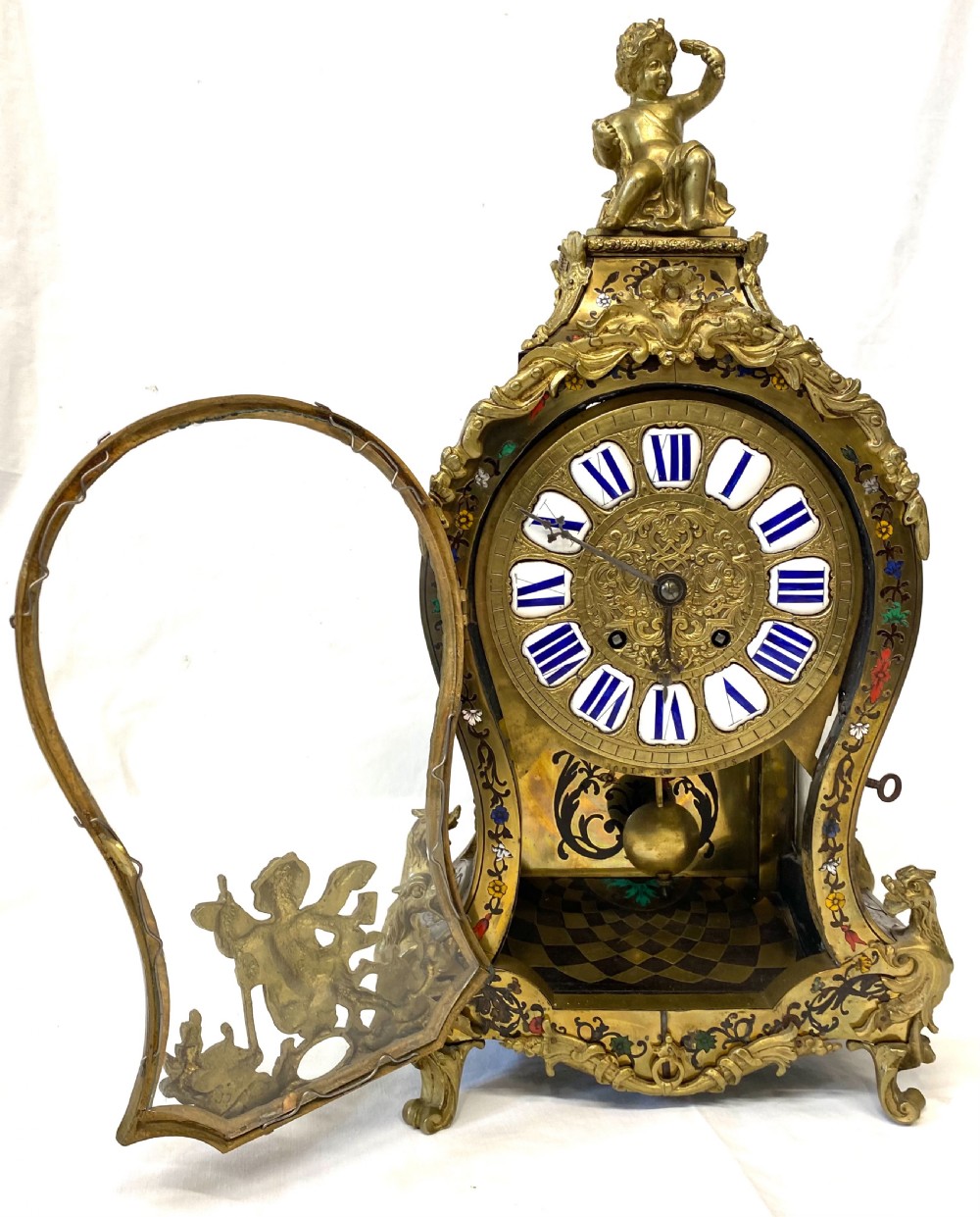 Large Antique French Boulle Clock Inlaid With Semi Precious Stone and Ormolu Mounts View III