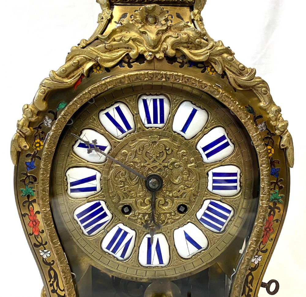 Large Antique French Boulle Clock Inlaid With Semi Precious Stone and Ormolu Mounts View VI