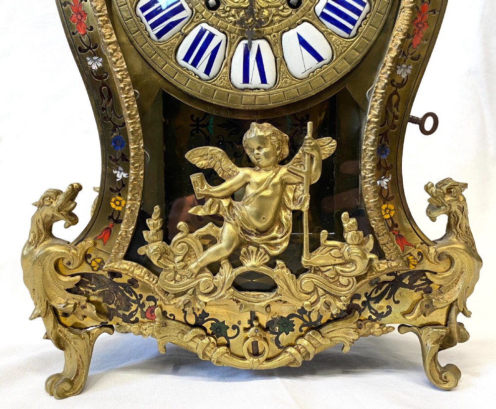 Large Antique French Boulle Clock Inlaid With Semi Precious Stone and Ormolu Mounts View VII
