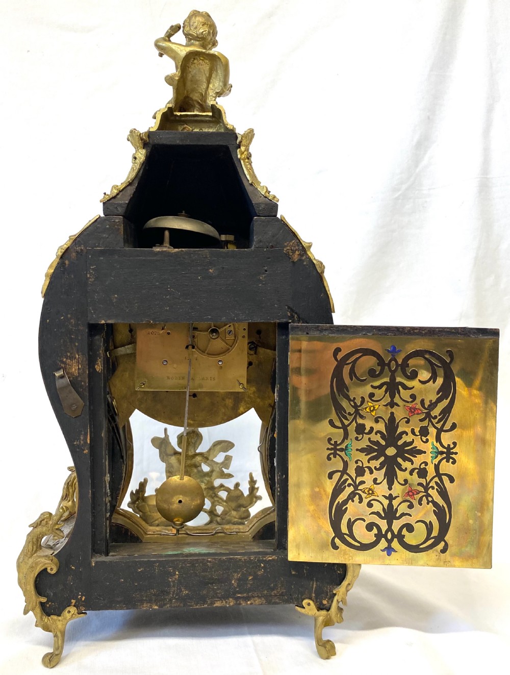 Large Antique French Boulle Clock Inlaid With Semi Precious Stone and Ormolu Mounts View XIII