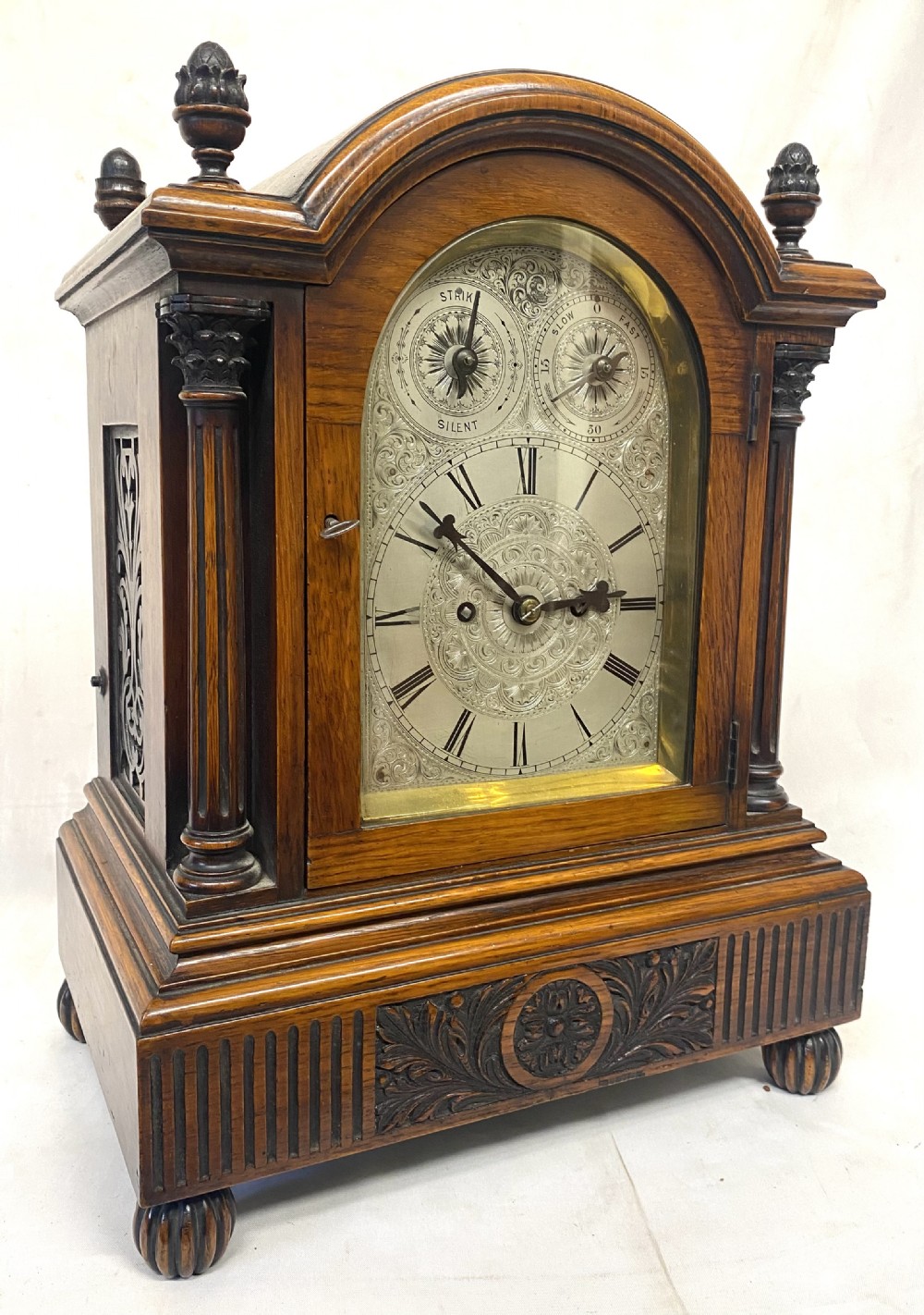 Antique Oak Double Chain Fusee Mantel Clock With A Silvered Dial Working Order