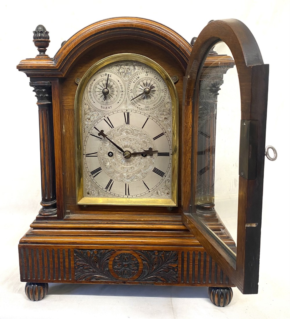 Antique Oak Double Chain Fusee Mantel Clock With A Silvered Dial Working Order View II
