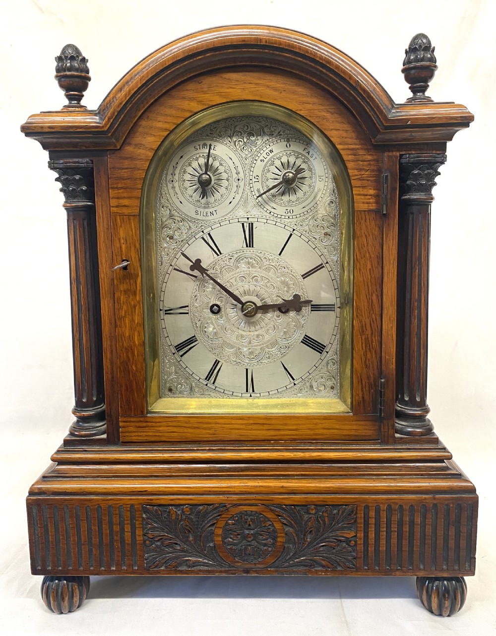 Antique Oak Double Chain Fusee Mantel Clock With A Silvered Dial Working Order View III