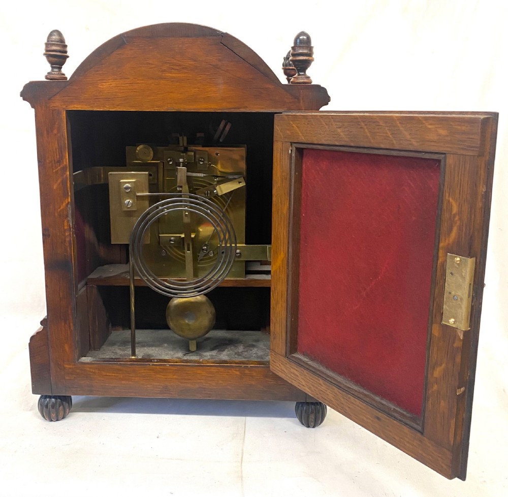 Antique Oak Double Chain Fusee Mantel Clock With A Silvered Dial Working Order View VIII
