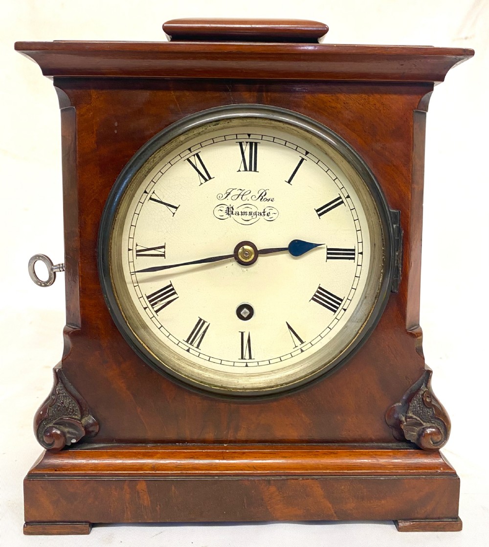 Antique Miniature Single Fusee Shaped Mahogany Mantel Clock J.H. Rose Ramsgate