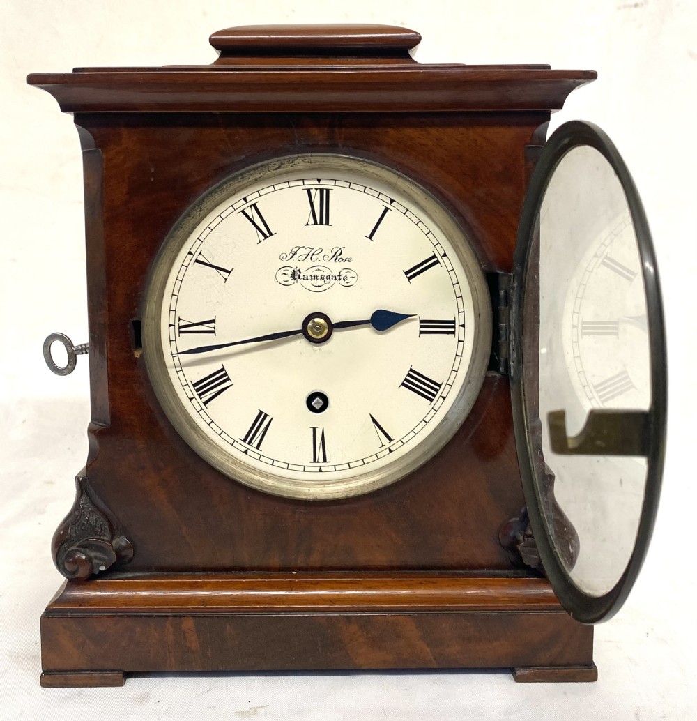 Antique Miniature Single Fusee Shaped Mahogany Mantel Clock J.H. Rose Ramsgate View III