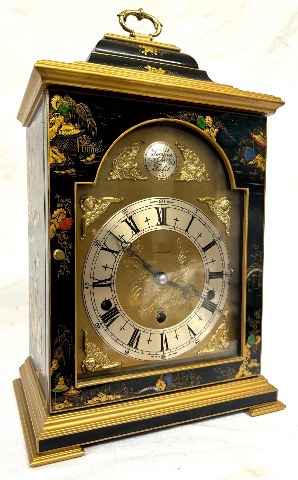 Stunning Musical Elliot London Black Chinoiserie Musical Clock Lacquered