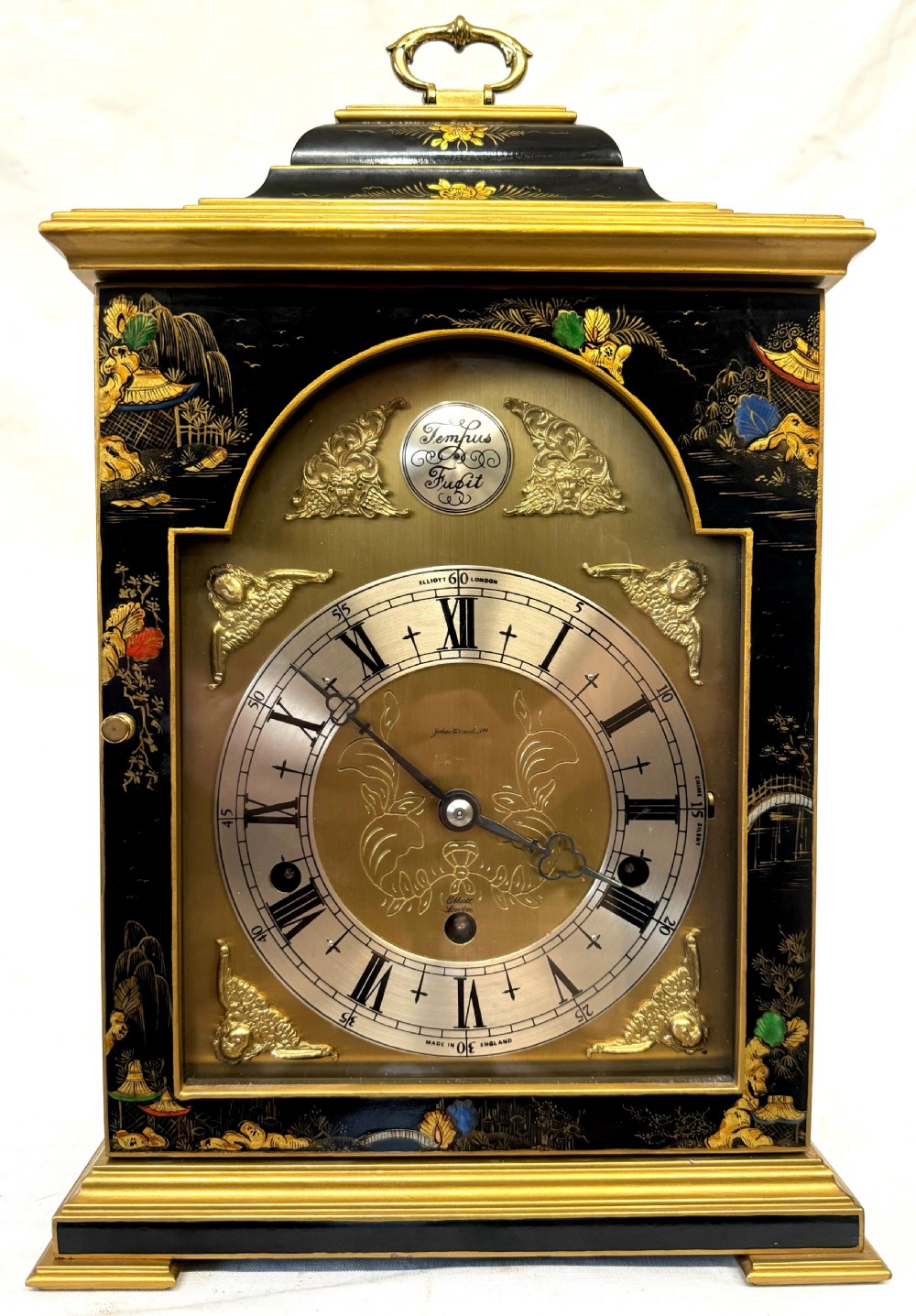 Stunning Musical Elliot London Black Chinoiserie Musical Clock Lacquered View II
