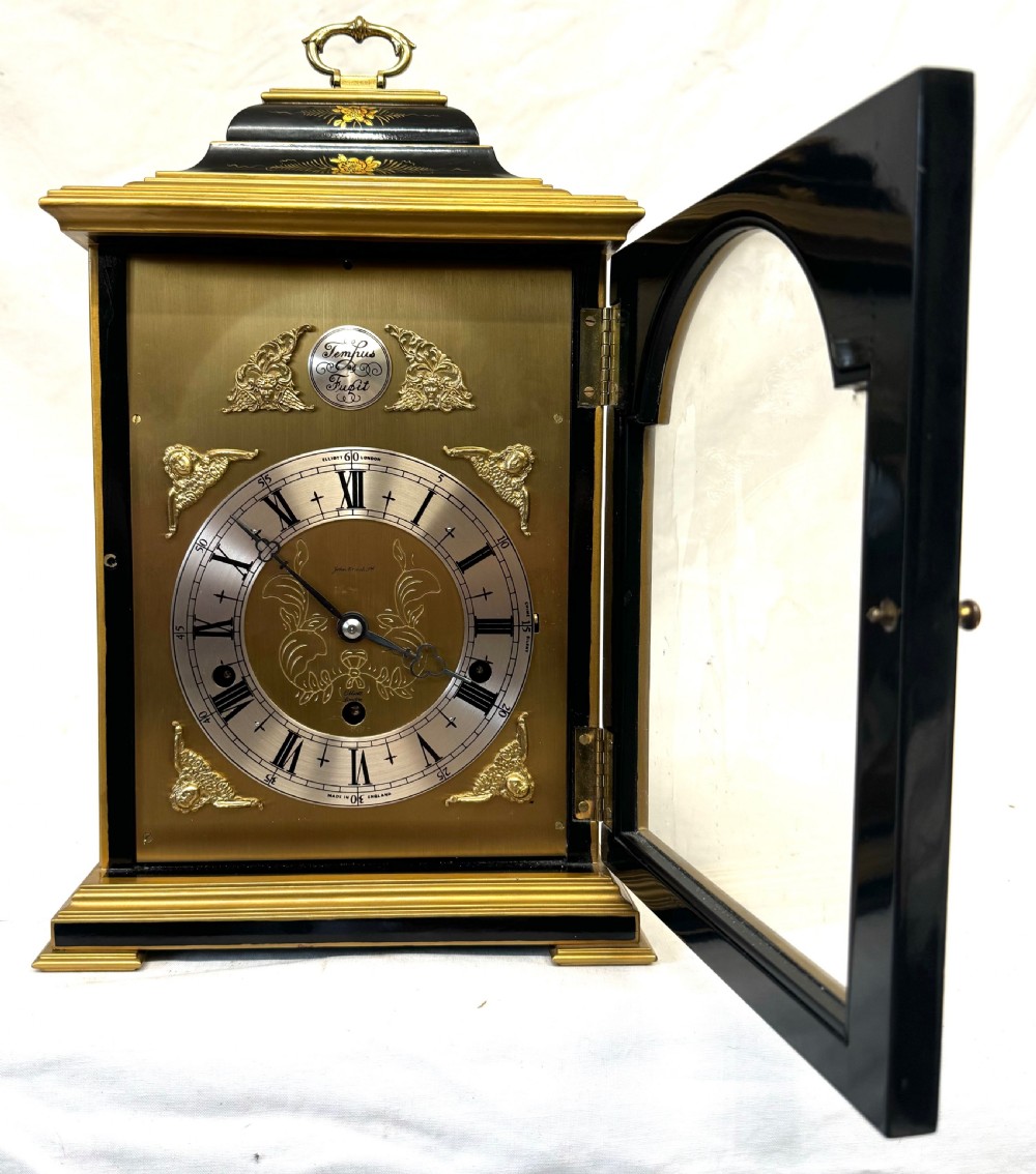 Stunning Musical Elliot London Black Chinoiserie Musical Clock Lacquered View III