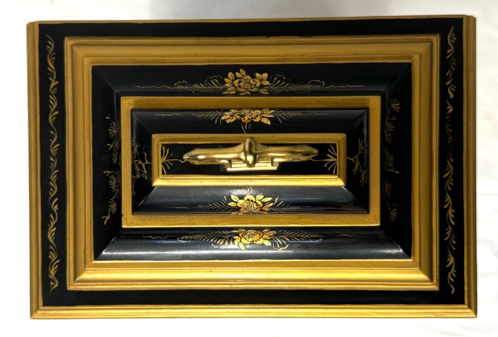 Stunning Musical Elliot London Black Chinoiserie Musical Clock Lacquered View XII