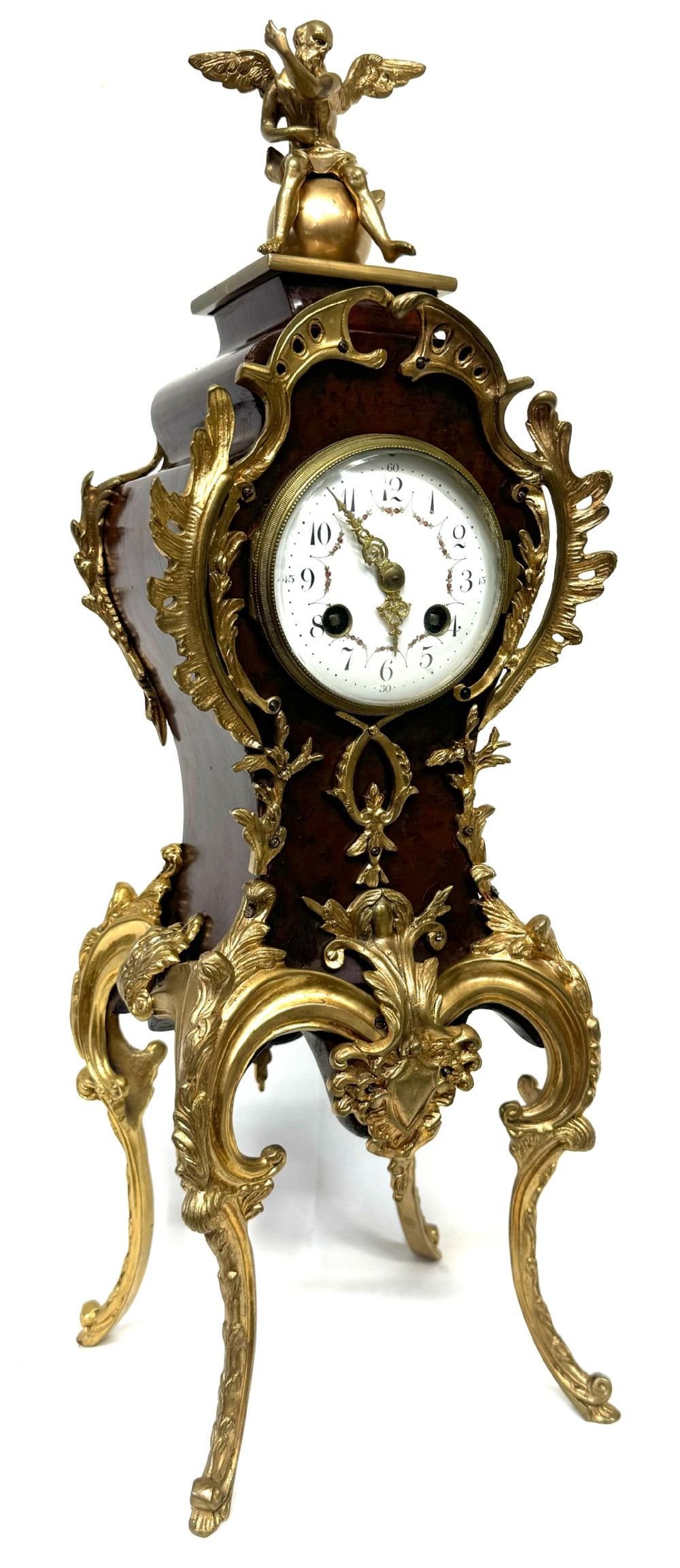Large Antique Burr Walnut / Amboyna French Mantel Clock With Ormolu Mounts Tall
