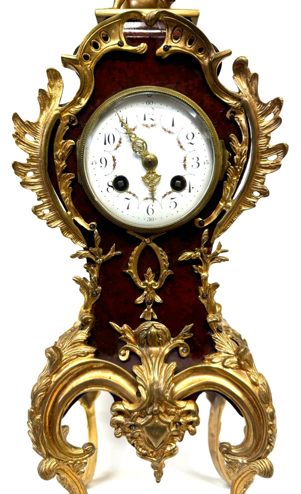 Large Antique Burr Walnut / Amboyna French Mantel Clock With Ormolu Mounts Tall View V