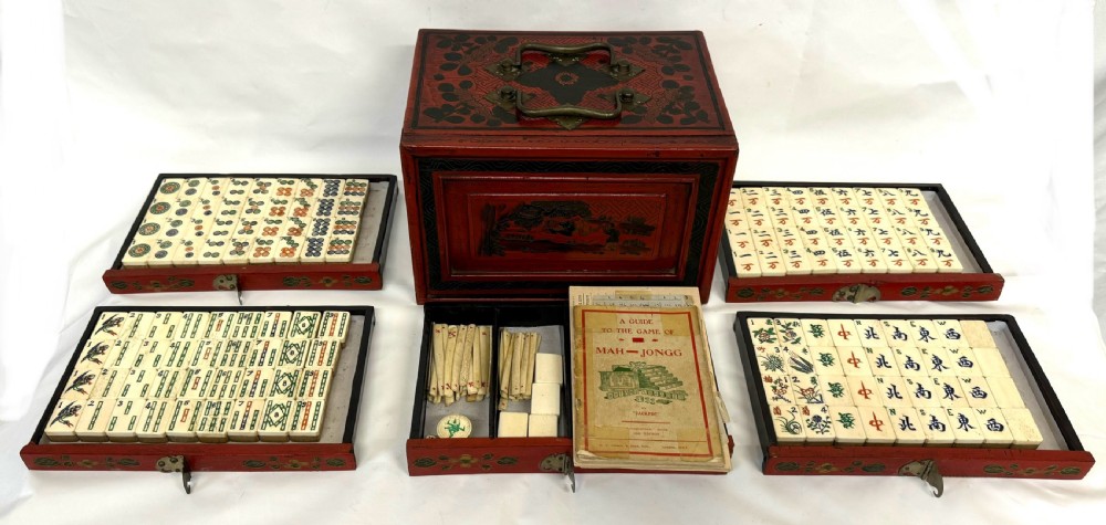 Rare Bovine & Bamboo Mah Jong Mahjong Set With Red Chinoiserie Case 144 tile