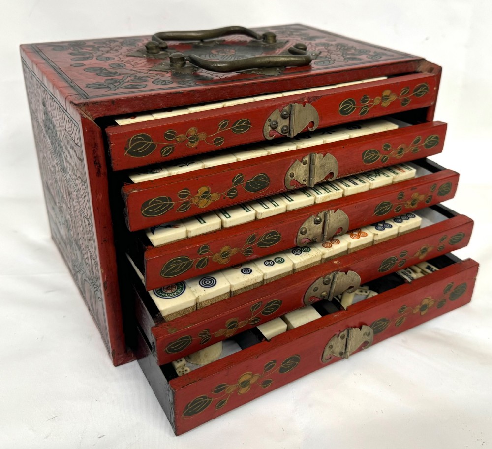 Rare Bovine & Bamboo Mah Jong Mahjong Set With Red Chinoiserie Case 144 tile View II