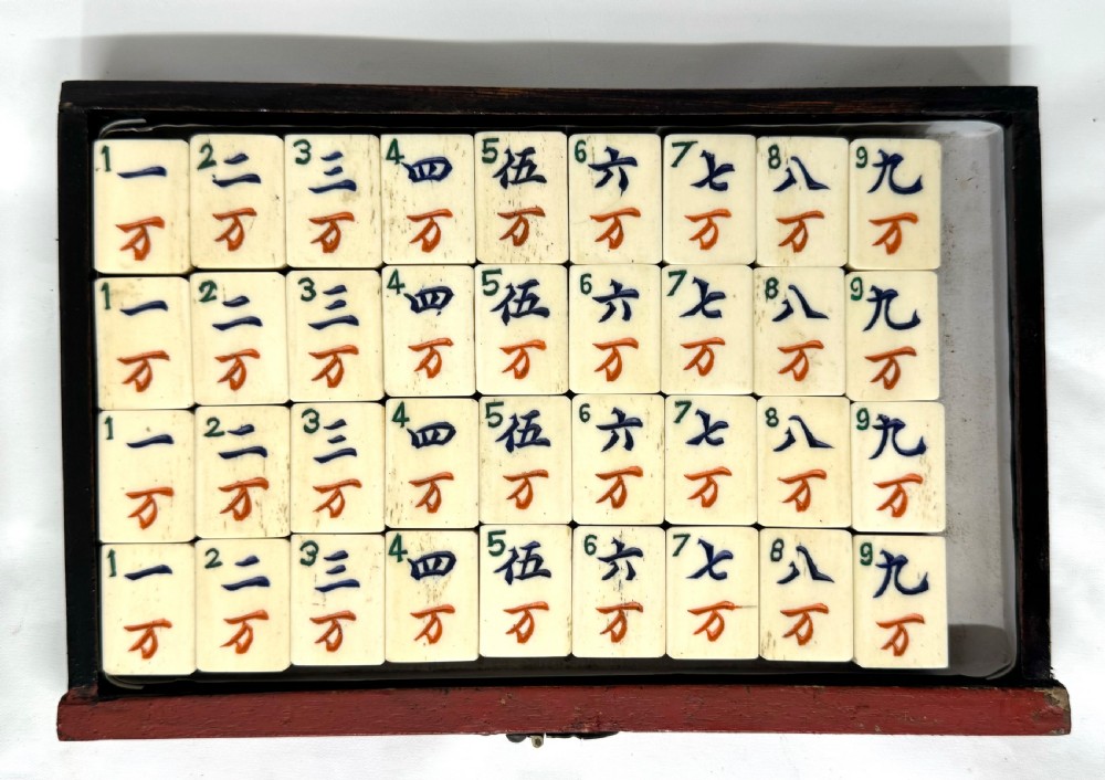 Rare Bovine & Bamboo Mah Jong Mahjong Set With Red Chinoiserie Case 144 tile View X