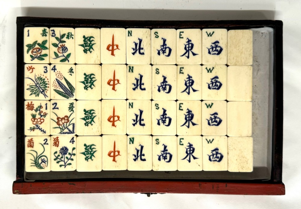 Rare Bovine & Bamboo Mah Jong Mahjong Set With Red Chinoiserie Case 144 tile View XI