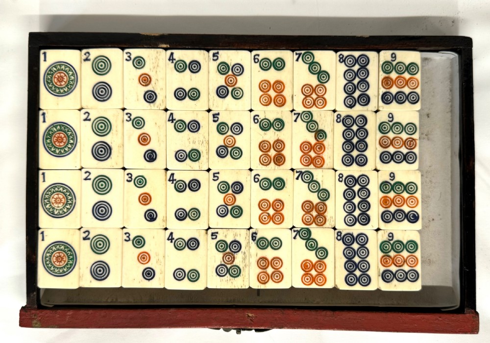 Rare Bovine & Bamboo Mah Jong Mahjong Set With Red Chinoiserie Case 144 tile View XII