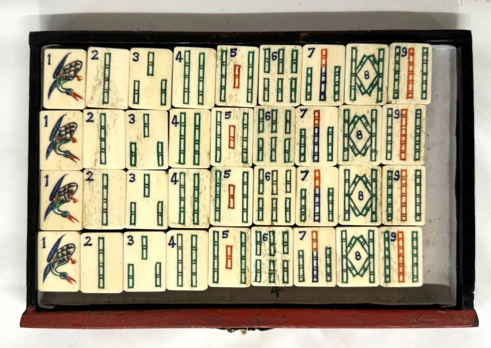 Rare Bovine & Bamboo Mah Jong Mahjong Set With Red Chinoiserie Case 144 tile View XIII