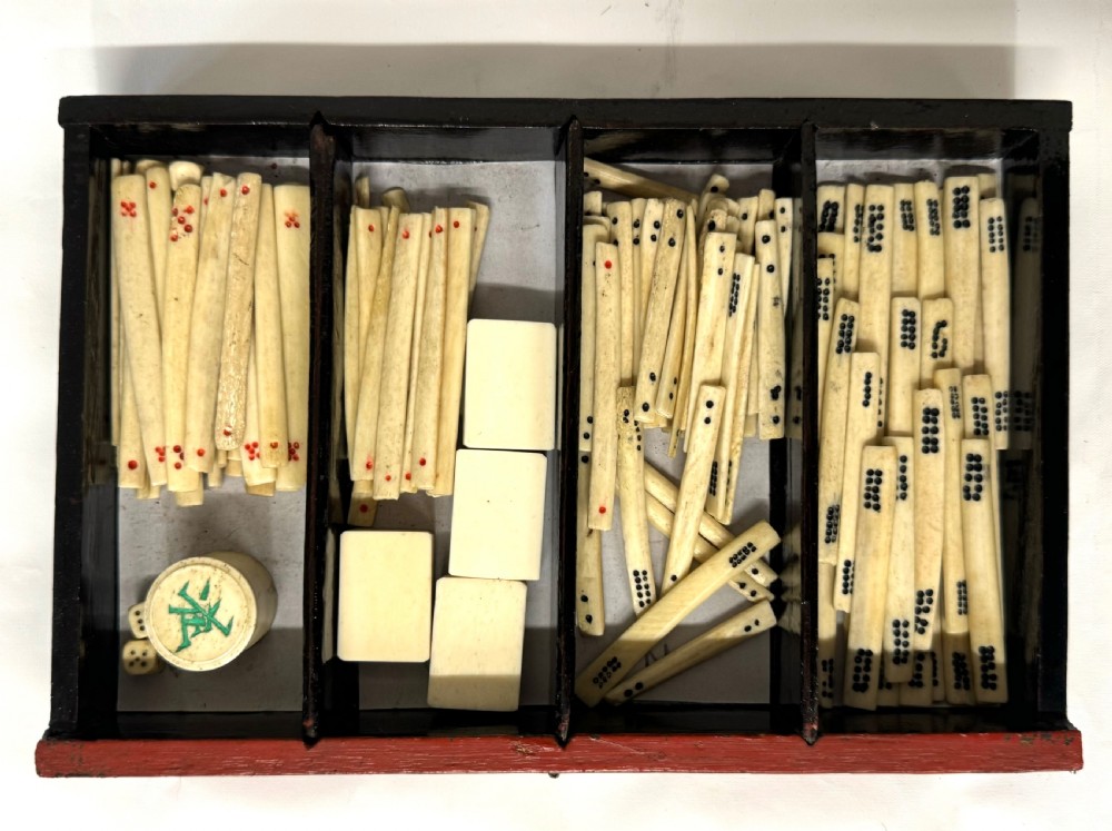 Rare Bovine & Bamboo Mah Jong Mahjong Set With Red Chinoiserie Case 144 tile View XIV