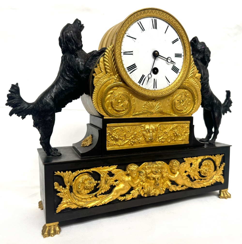 Antique Regency Gilt Bronze Chain Fusee Mantel Clock With Spaniel Dogs Working