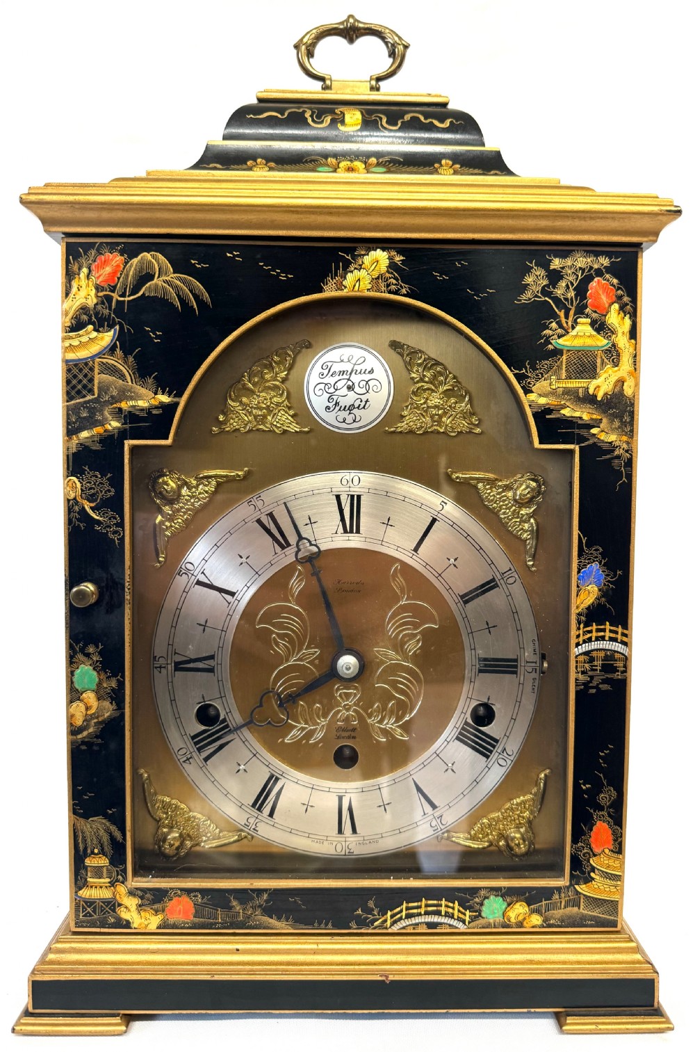 Stunning Musical Elliot London Black Chinoiserie Musical Clock Lacquered Harrods View III