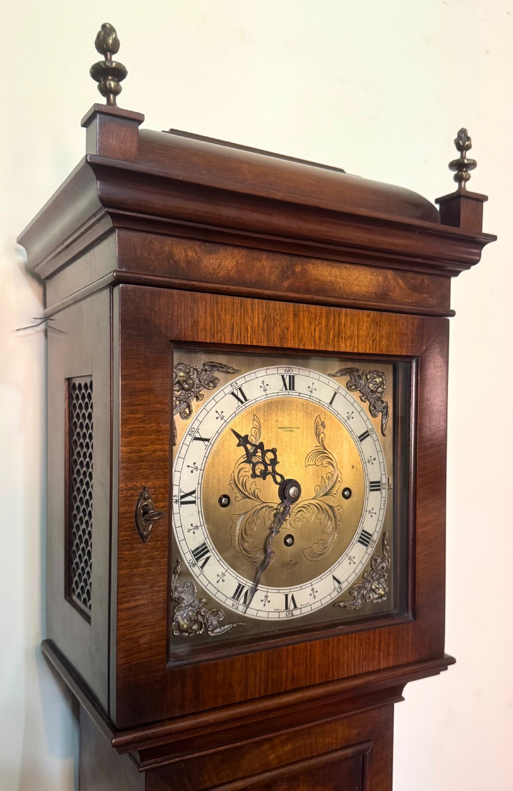 Antique Burr Walnut Elliott Grandmother Clock Playing On Five Tubes Musical, Retailed by JOHN BAGSHAW & SONS LIVERPOOL. View II