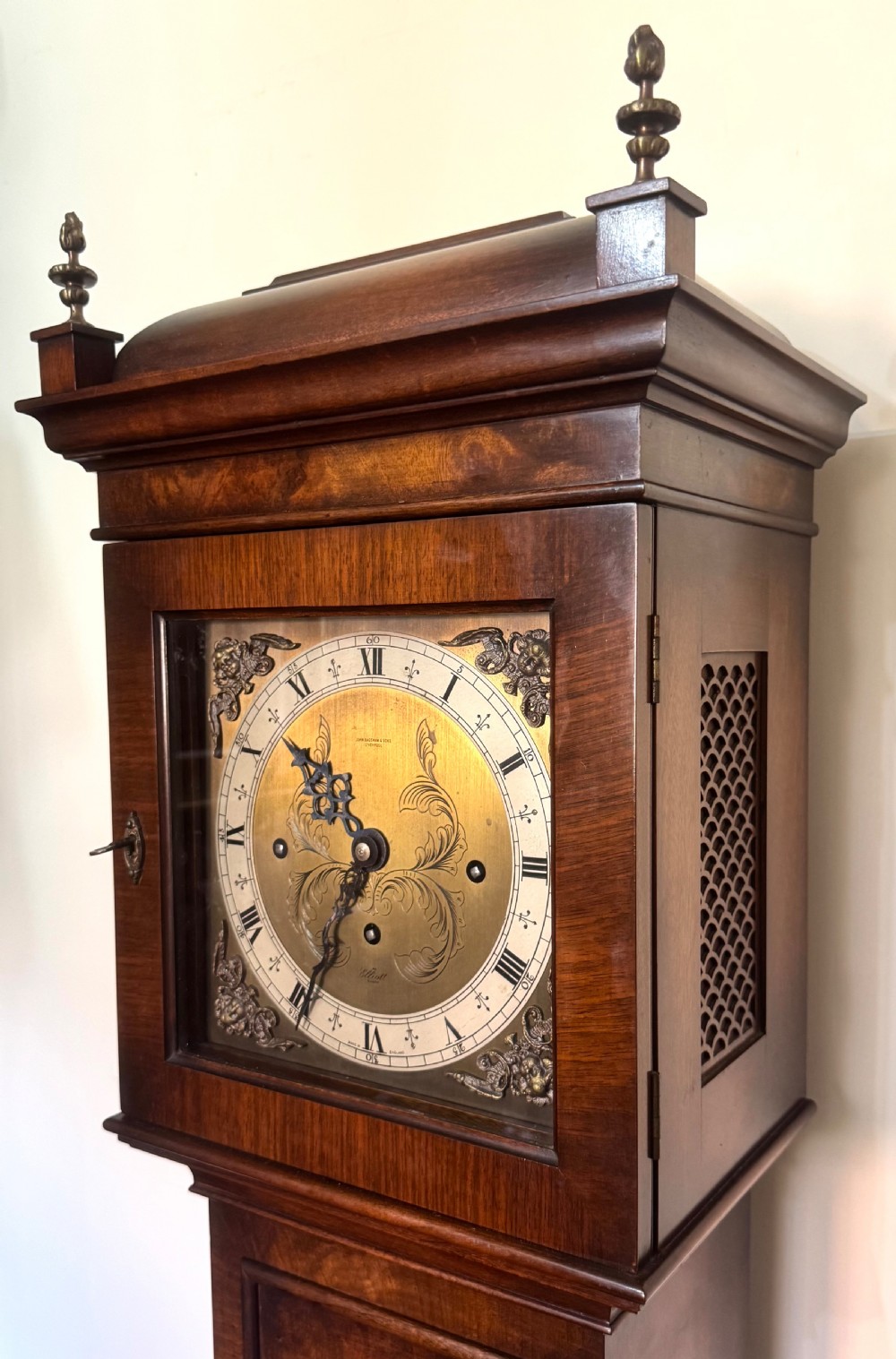 Antique Burr Walnut Elliott Grandmother Clock Playing On Five Tubes Musical, Retailed by JOHN BAGSHAW & SONS LIVERPOOL. View VI