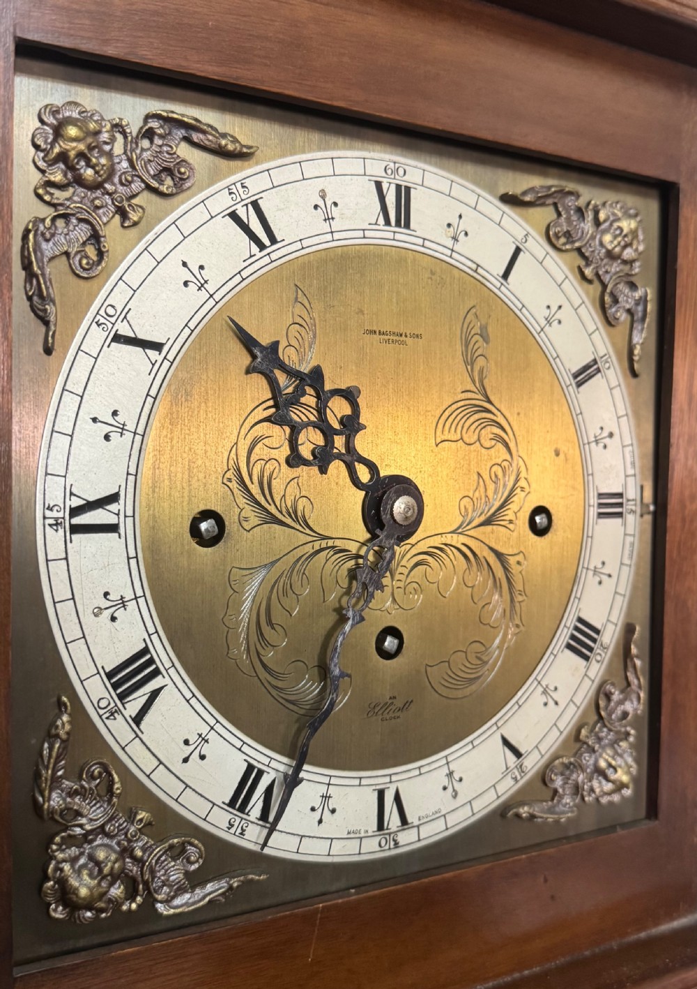 Antique Burr Walnut Elliott Grandmother Clock Playing On Five Tubes Musical, Retailed by JOHN BAGSHAW & SONS LIVERPOOL. View XI