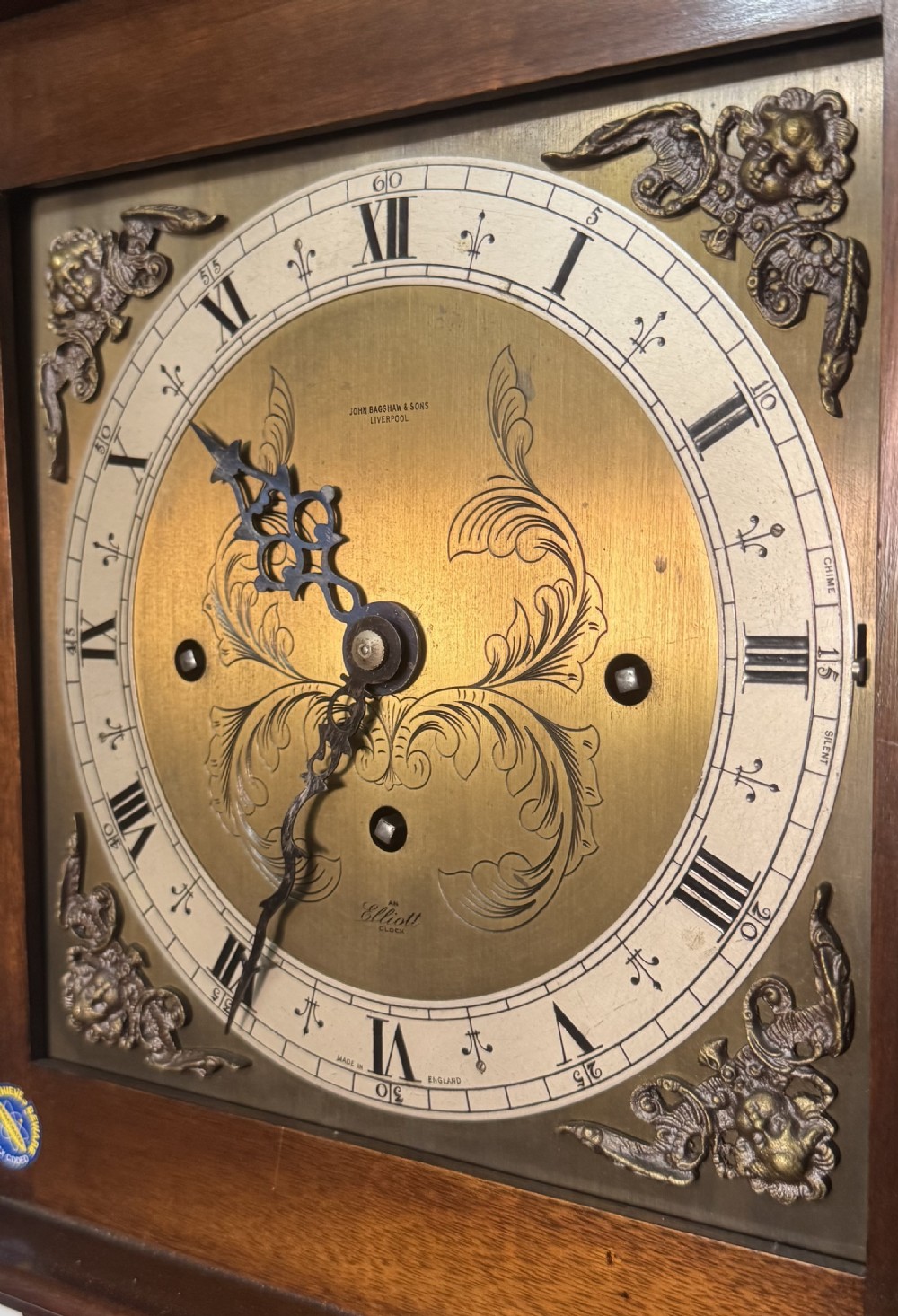 Antique Burr Walnut Elliott Grandmother Clock Playing On Five Tubes Musical, Retailed by JOHN BAGSHAW & SONS LIVERPOOL. View XII