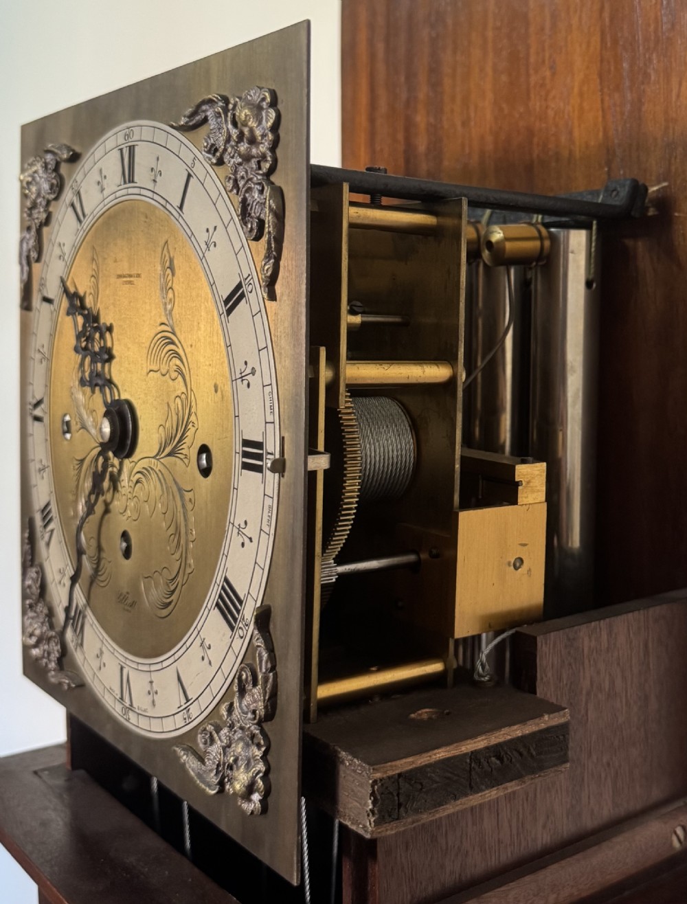 Antique Burr Walnut Elliott Grandmother Clock Playing On Five Tubes Musical, Retailed by JOHN BAGSHAW & SONS LIVERPOOL. View XV
