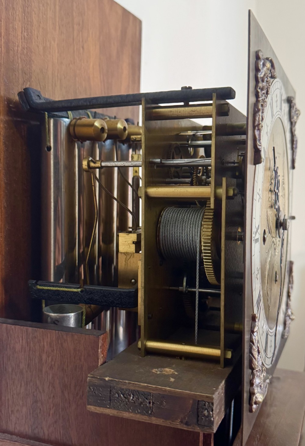 Antique Burr Walnut Elliott Grandmother Clock Playing On Five Tubes Musical, Retailed by JOHN BAGSHAW & SONS LIVERPOOL. View XVI