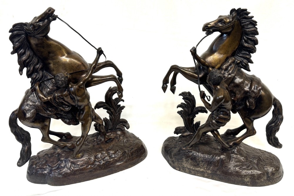 Large Antique Pair Of Bronze Marley Horses After Guillaume Coustou Signed