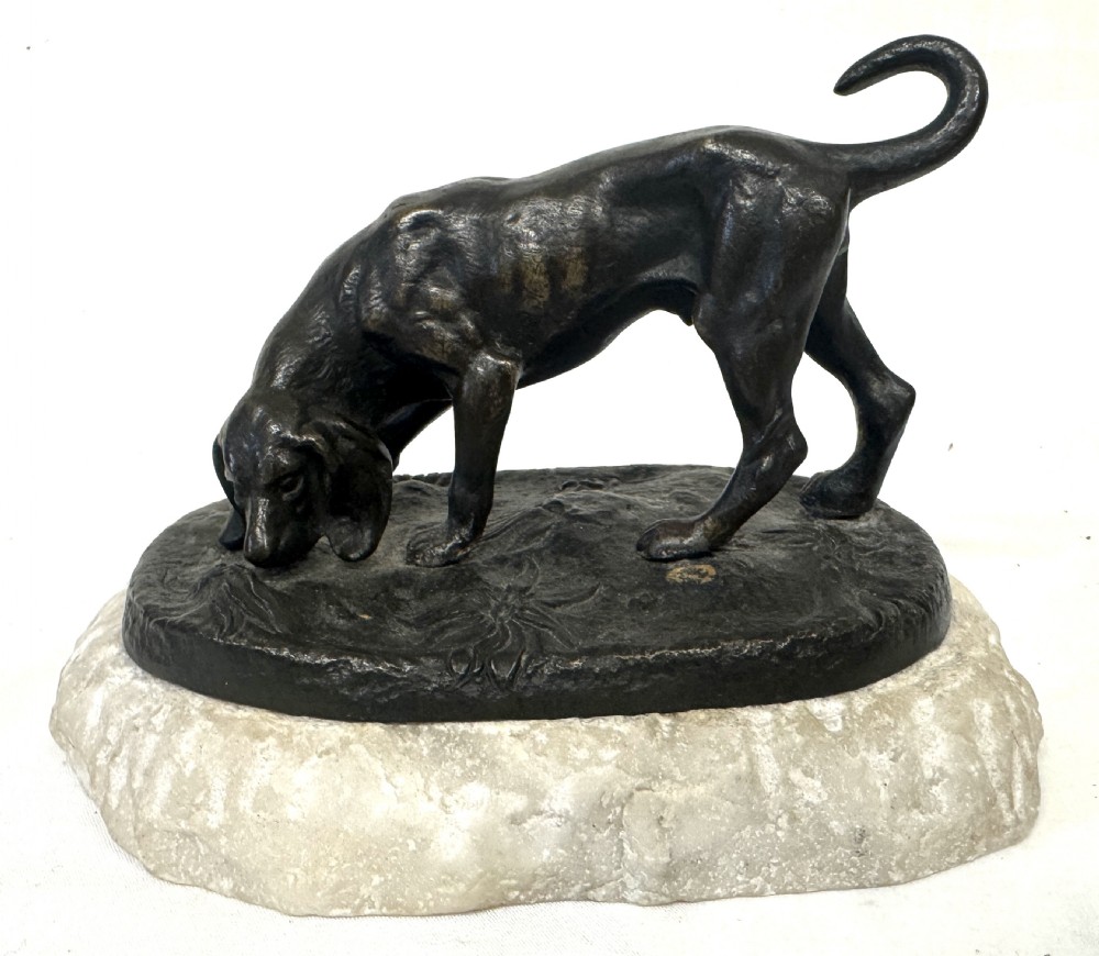 Antique Bronze Figure / sculpture Of A Hunting Dog / Hound On Marble Base.
