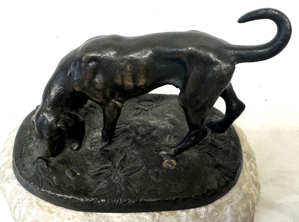 A dark patinated bronze sculpture depicting a hunting hound scenting the ground, mounted on a carved white marble base. View X