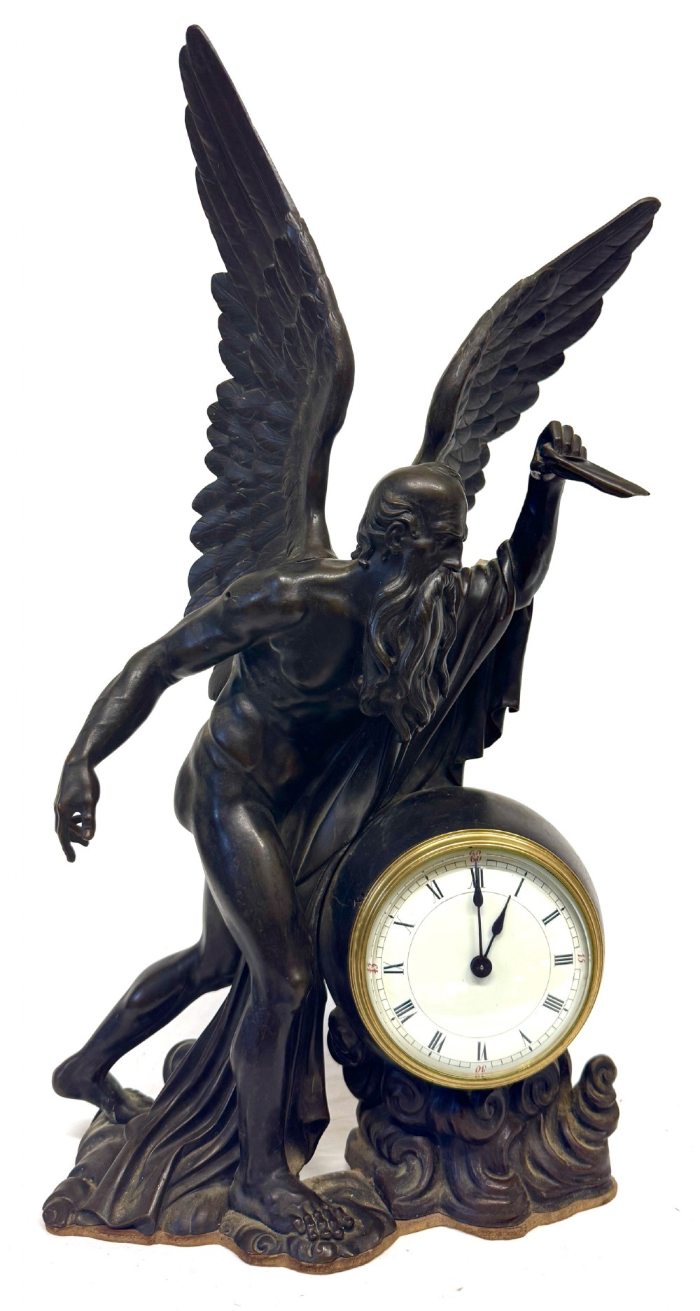 A dark bronze sculptural mantel clock featuring a winged figure of Father Time holding a scythe alongside a round clock face with Roman numerals. View II