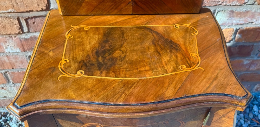 A pair of antique inlaid satinwood bedside cabinets featuring curved sides, decorative marquetry, shaped top galleries, and single doors with ornate brass handles. View XII